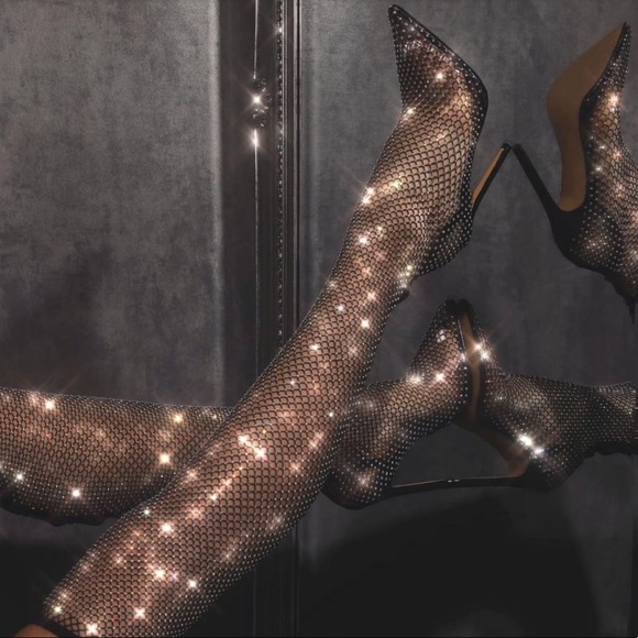 Embellished Fishnet Thigh Hi Boots - Picture 7 of 16